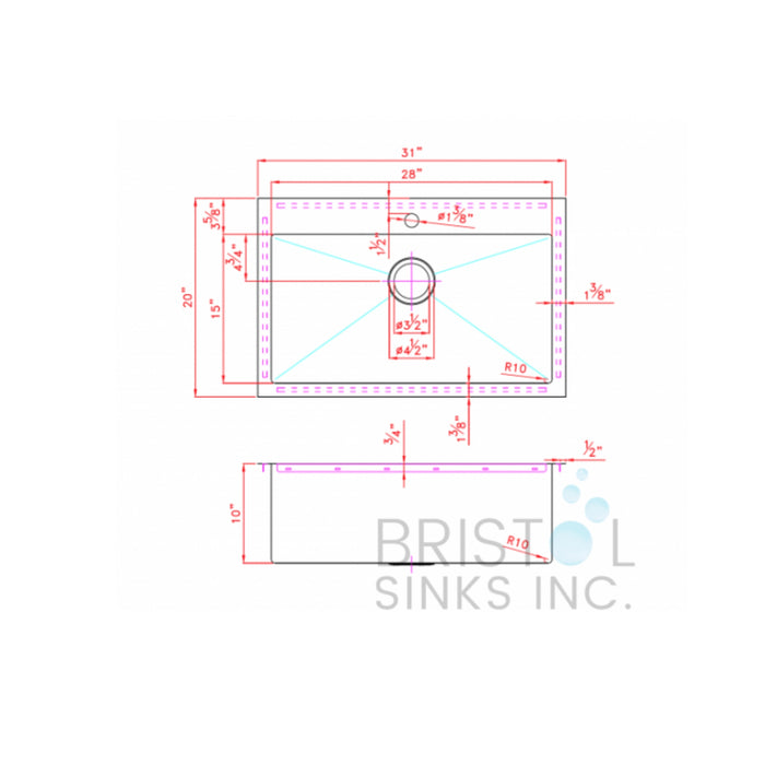 Single top-mount kitchen sink Bristol 31” x 20” x 10”